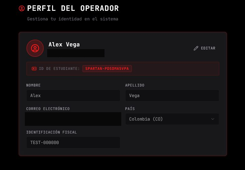Perfil del operador con datos de ejemplo y el correo censurado